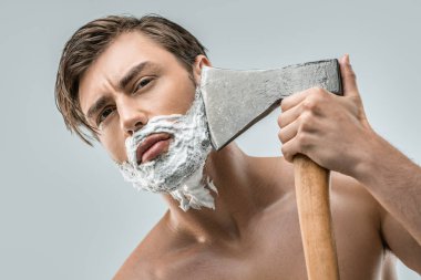 man shaving with ax clipart