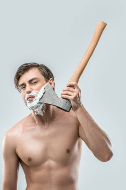 man shaving with ax clipart