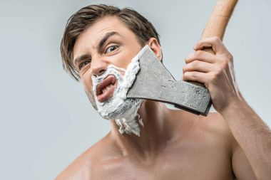 man shaving with ax clipart