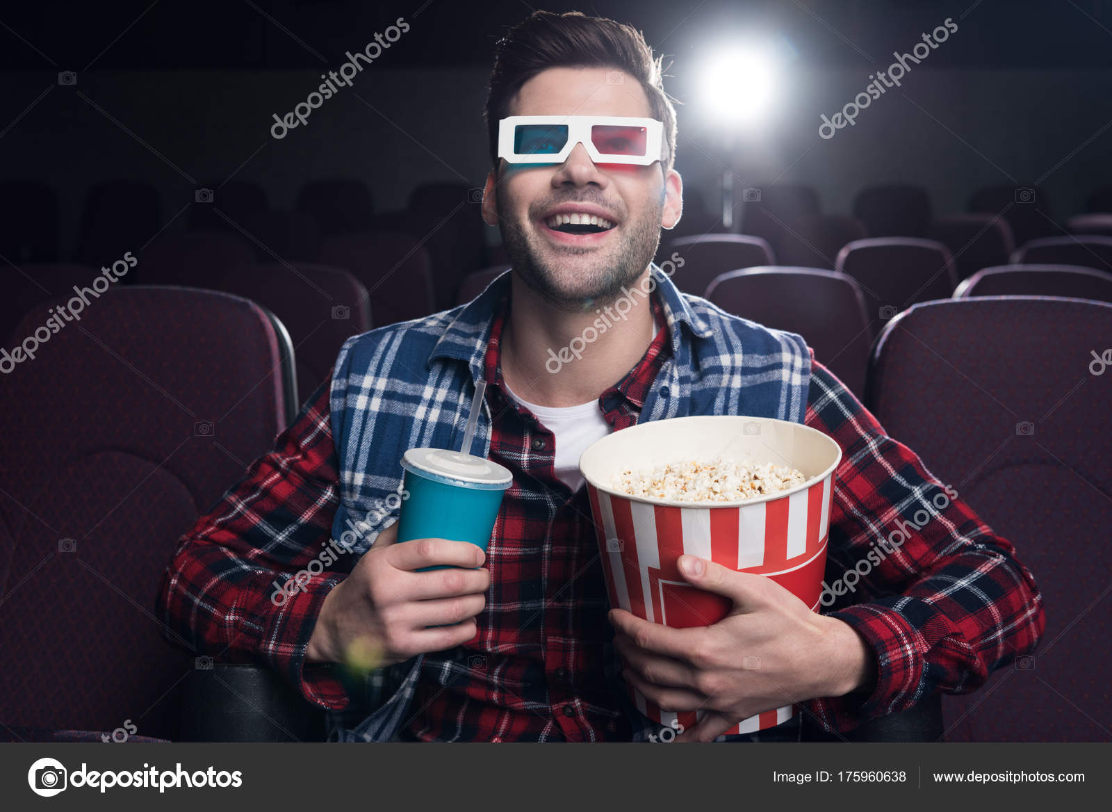 Excited Man Glasses Popcorn Soda Watching Movie Cinema — Stock Photo