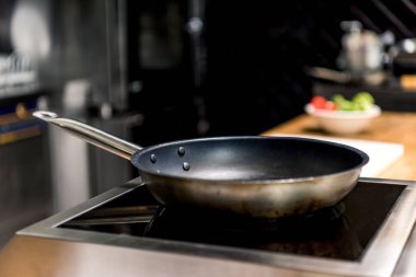 frying pan on electric stove in kitchen clipart