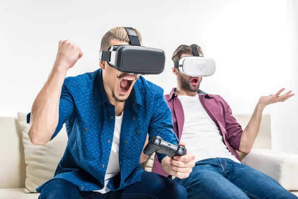 Friends in virtual reality headsets — Stock Photo