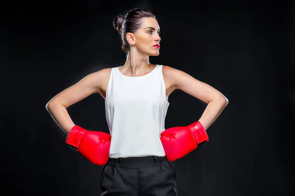 Businesswoman in boxing gloves — Stock Photo