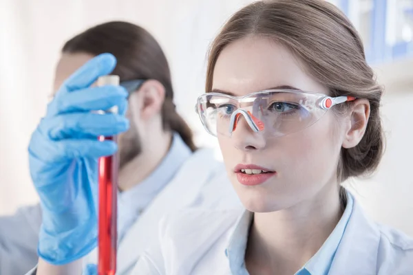 Scientist looking on test tube — Stock Photo