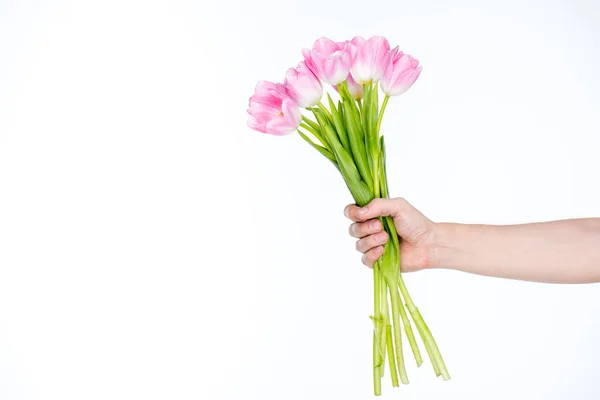 Ramo de tulipanes en mano femenina - foto de stock