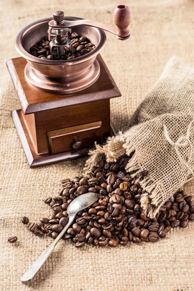Moulin à café avec grains de café — Photo de stock