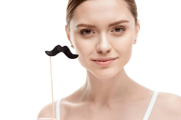 Woman with black mustaches on stick — Stock Photo