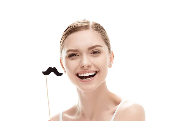 Woman with black mustaches on stick — Stock Photo