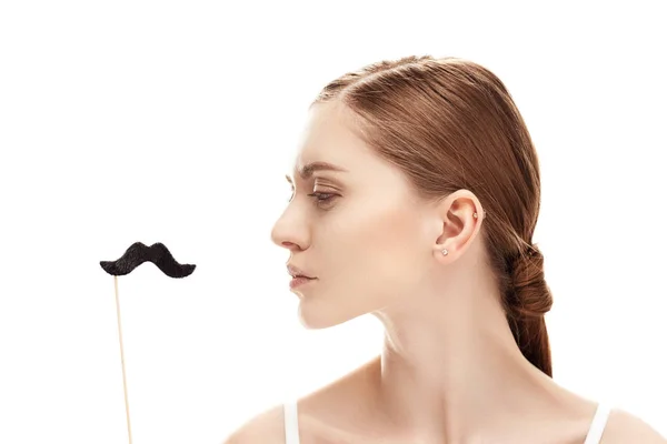 Young woman with fake moustache — Stock Photo