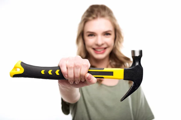 Woman holding hammer — Stock Photo