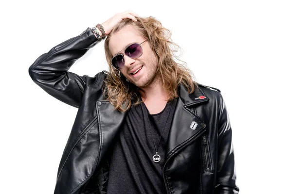 Rocker in black leather jacket — Stock Photo