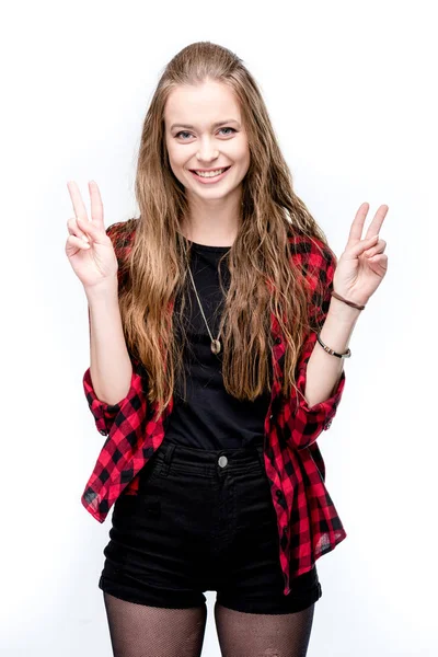 Woman with peace signs — Stock Photo