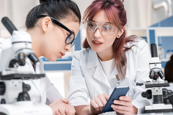 Scientists working together with microscopes — Stock Photo
