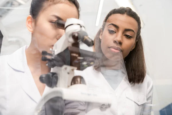 Cientista olhando através do microscópio — Fotografia de Stock