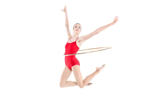 Rhythmic gymnast training with hoop — Stock Photo