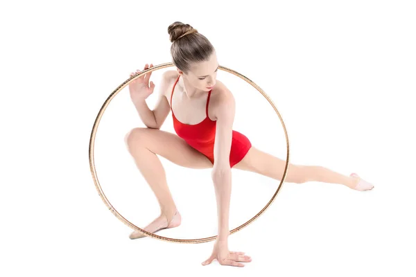 Rhythmic gymnast training with hoop — Stock Photo