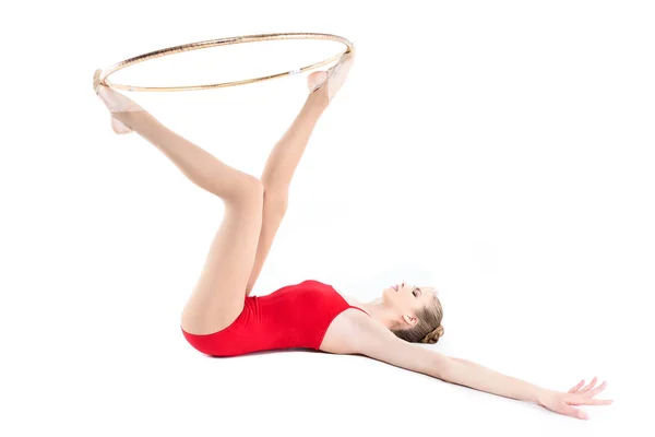 Rhythmic gymnast training with hoop — Stock Photo