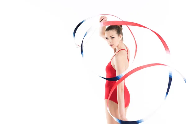 Mulher ginasta rítmica exercitando com corda — Fotografia de Stock