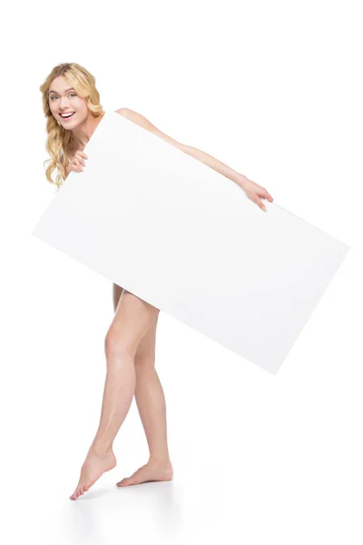 Mujer sosteniendo banner en blanco - foto de stock