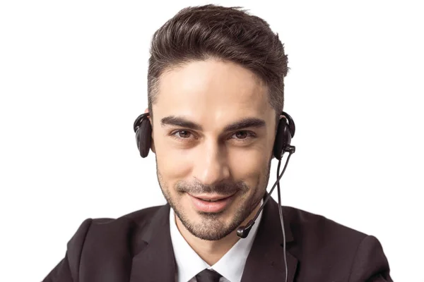 Operador de centro de llamadas en auriculares - foto de stock