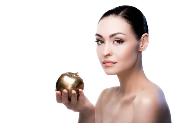 Lady holding golden apple — Stock Photo