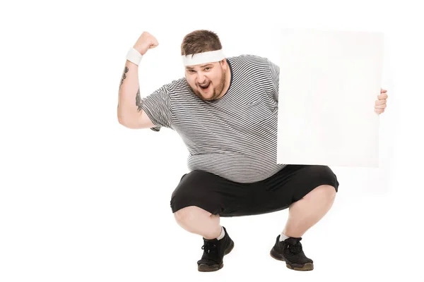 Fat man holding empty banner — Stock Photo