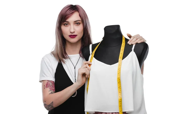 Fashion designer with dummy — Stock Photo