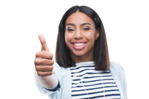 Jovem mulher gesticular polegar para cima — Fotografia de Stock