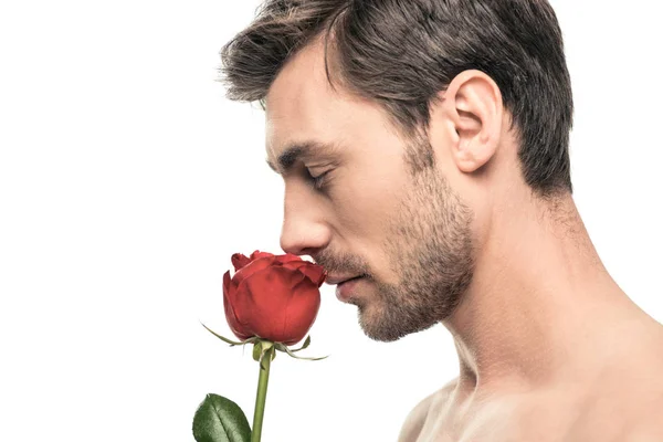 Hombre guapo con flor de rosa - foto de stock