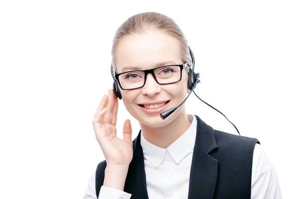 Operador que trabaja con auriculares - foto de stock