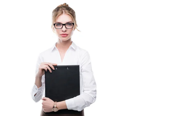 Confident businesswoman with clipboard — Stock Photo