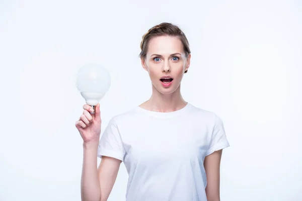 Shocked woman with light bulb — Stock Photo