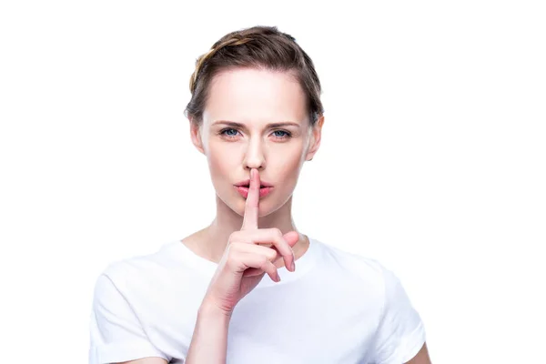 Femme avec symbole de silence — Photo de stock