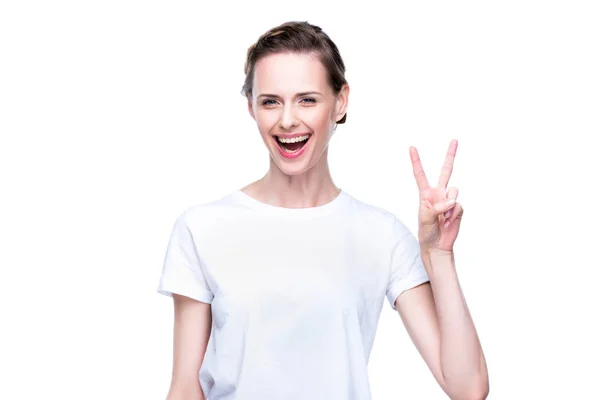 Woman with victory sign — Stock Photo