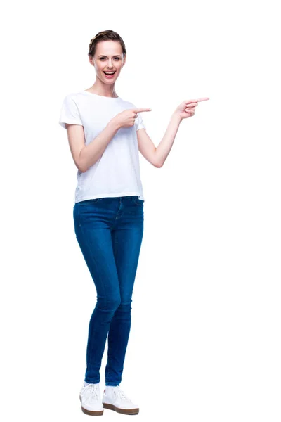 Attractive pointing woman — Stock Photo
