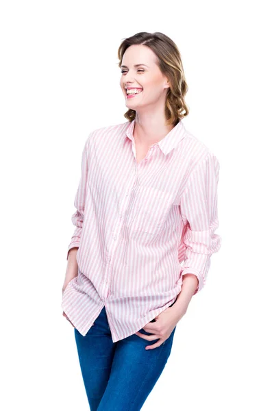 Lächelnde Frau im Hemd — Stockfoto