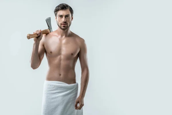 Shirtless man with ax — Stock Photo