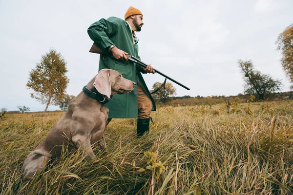 Hunter going with gun and dog — Stock Photo