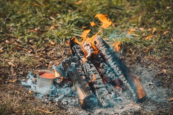 Can with beans near bonfire — Stock Photo