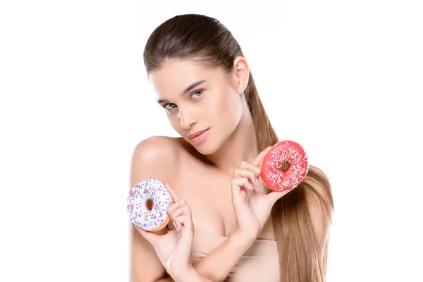 Woman with two donuts — Stock Photo