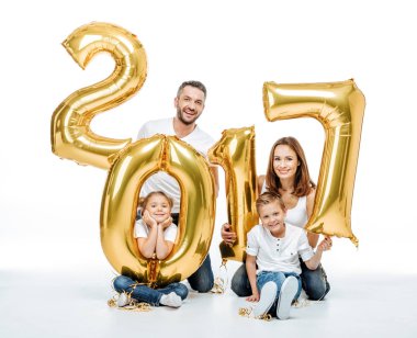 Mutlu aile altın balonlar holding 