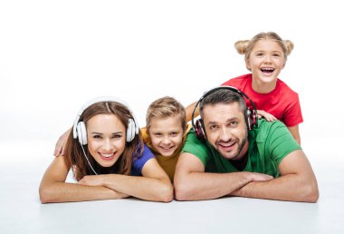 Parents in headphones with kids clipart