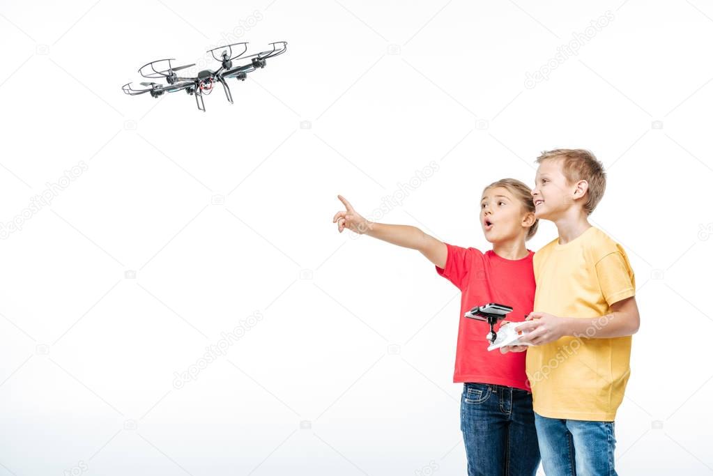 Children playing with hexacopter drone 