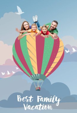 family flying on air balloon clipart
