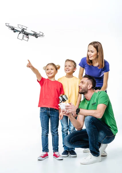 Kids using flying hexacopter drone — Stock Photo