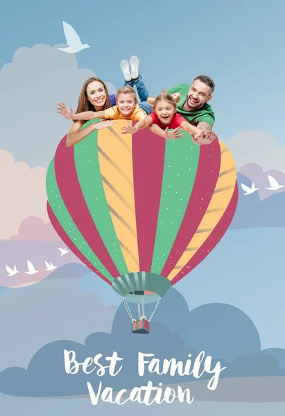 Family flying on air balloon — Stock Photo