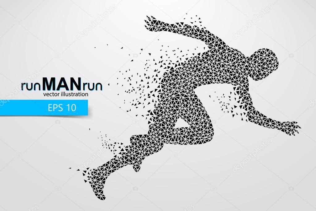 Silhouette of a running man from triangle. Text and background on a separate layer, color can be changed in one click