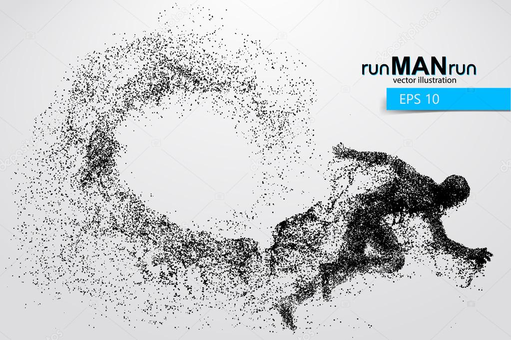 Silhouette of a running man from particles. Text and background on a separate layer, color can be changed in one click.