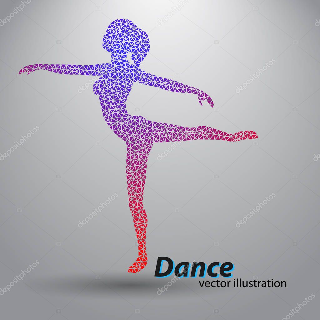Silhouette of a dancing girl from triangles. Background and text on a separate layer, color can be changed in one click.