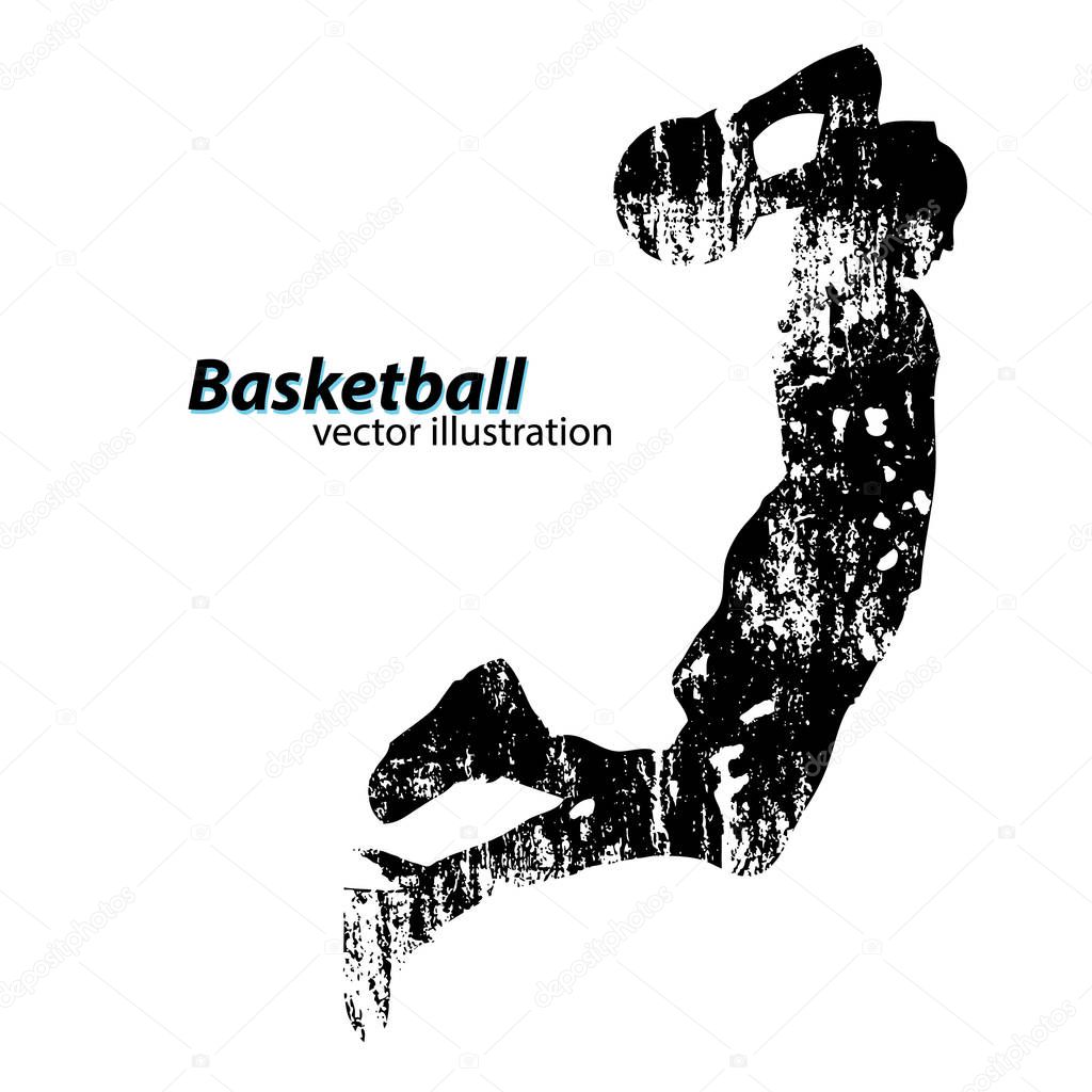 Silhouette of a basketball player. Background and text on a separate layer, color can be changed in one click